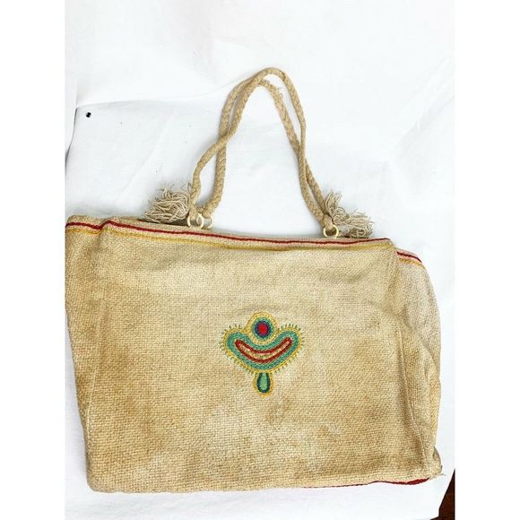 Vtg Bohemian Burlap Embroidered Tote Bag w/ Rope - Picture 2 of 5